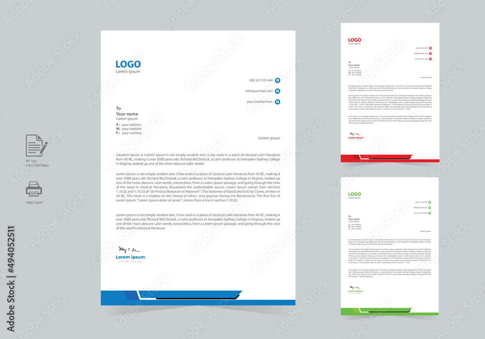 Corporate company modern letterhead design template 3 color bundle vector file