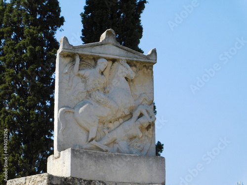 September 2018, Athens, Greece.The ancient cemetery of Keramikos. Modern copy of the famous funerary column or stele of the young horseman Dexileos