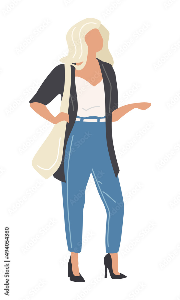 Light haired woman wearing jeans and heels semi flat color vector character. Standing figure. Full body person on white. Simple cartoon style illustration for web graphic design and animation Light haired woman wearing jeans and heels semi flat color vector character. Standing figure. Full body person on white. Simple cartoon style illustration for web graphic design and animation