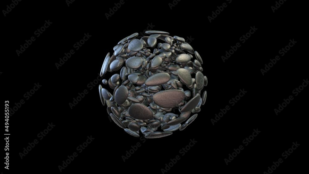 Abstract stones forming a sphere, seamless loop, against black Abstract stones forming a sphere, seamless loop, against black