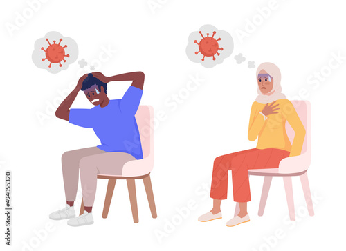 Coronavirus panic attack semi flat color vector characters set. Sitting figures. Full body people on white. Simple cartoon style illustration for web graphic design and animation collection