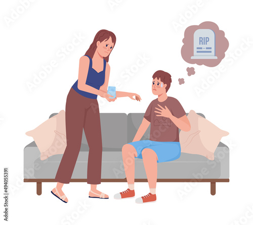 Boy has death phobia semi flat color vector characters. Posing figure. Full body people on white. Simple cartoon style illustration for web graphic design and animation. Bebas Neue font used