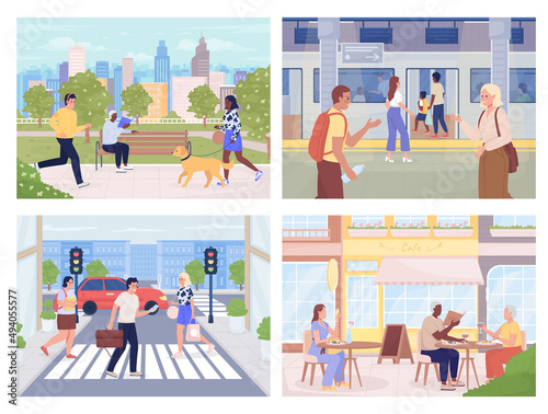 Modern urban lifestyle flat color vector illustration set. Sustainable space. Pedestrians crossing road. Enjoying drinks at cafe 2D simple cartoon characters with cityscape on background collection
