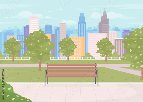City park flat color vector illustration. Green space to residents. Sustainable neighborhood. Public place for relaxation and jogging 2D simple cartoon landscape with city on background