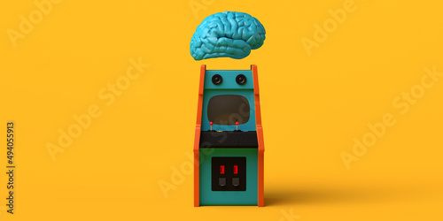 Retro arcade game machine with a floating brain. Arcade room. Copy space. Gaming concept. 3D illustration.