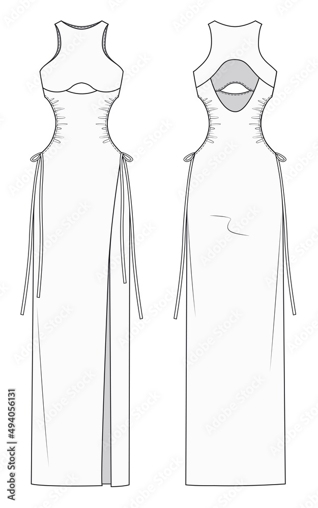 Women Long Dress technical drawing template. Girls Sleeveless Dress ...