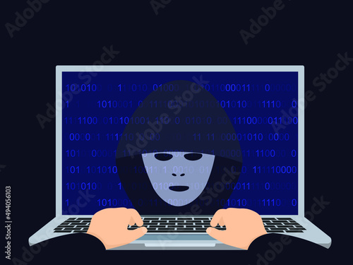 Internet fraud. Hacker behind a laptop monitor. Phishing and online surveillance. Identity theft and hacking of bank cards and email. Cyber crime.