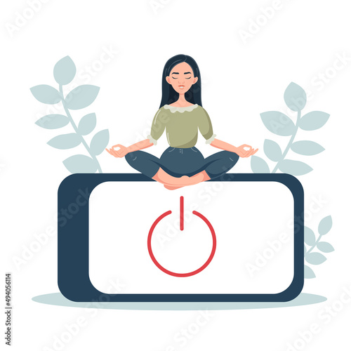Digital detox concept. An Asian woman meditates in the lotus position. Informational detoxification and meditation. Rejection of gadgets, devices, the Internet, communication in social networks photo
