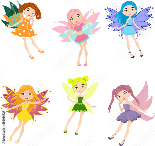 Cute fairy girls, a set of fairy-tale characters with wings