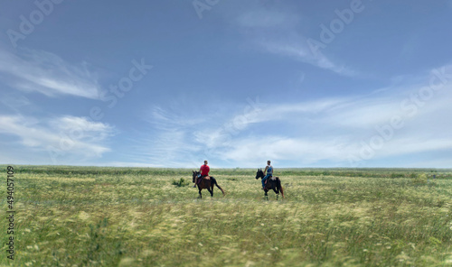 two people riding two horses in the field in the wild nature © Mihail