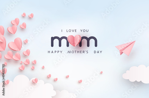 Mother's day postcard with paper flying elements and plane on blue sky background. Vector pink symbols of love in shape of heart, airplane for mum greeting card design