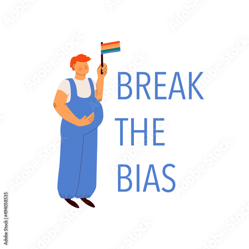 Break the bias. Beautiful pregnant woman LGBT representative with a rainbow flag in her hands. Vector illustration of a concept against discrimination against women based on sexual orientation.
