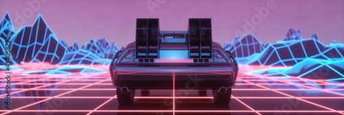 Car in neon cyberpunk style. 80s retrowave background. Retro futuristic car drive through neon city. 3d illustration photo