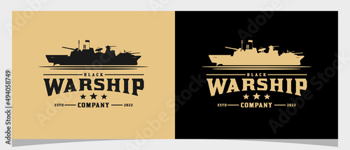 Fényképezés Warship Battle Ship on the sea ocean retro logo design