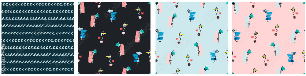 Seamless patterns set with hand drawn surreal female faces. Contemporary line art. Wallpaper, background for surface design and other design projects