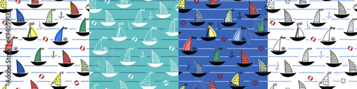 Seamless patterns set with hand drawn sailing boats, anchors, fishhooks, safety rings for surface design and other design projects. Sailing and fishing concept