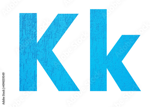 Alphabet uppercase and lowercase letters K with wall texture. Blue letter K in upper and lower case isolated on white background..