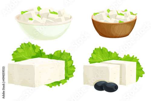 Feta cheese pieces in bowl in cartoon style detailed ingredient isolated on white background. Greek curd white cheese made from sheeps milk or milk bean. 