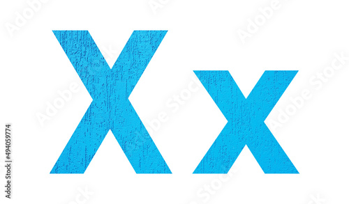 Alphabet uppercase and lowercase letters X with wall texture. Blue letter X in upper and lower case isolated on white background..