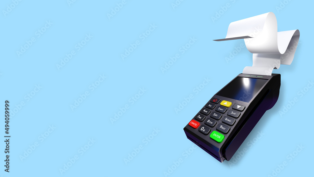 POS terminal with white paper tape. Concert sale of POS equipment. Business equipment. Acceptance of payment using POS terminal. Modern electronic cash register on dull blue. Copy space. 3d rendering POS terminal with white paper tape. Concert sale of POS equipment. Business equipment. Acceptance of payment using POS terminal. Modern electronic cash register on dull blue. Copy space. 3d rendering