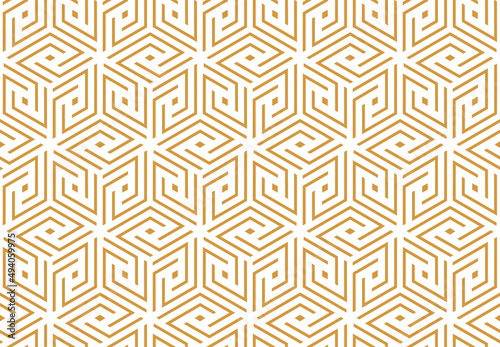 Abstract geometric pattern with stripes, lines. Seamless vector background. White and gold ornament. Simple lattice graphic design