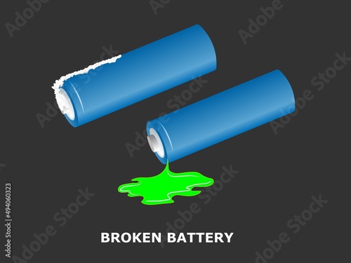Broken battery. rechargeable electricity accumulator. Damaged object.