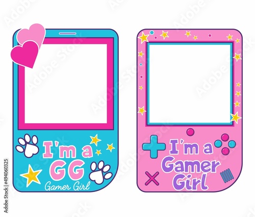 Gamer photo booth props set. Flat style gamer girl illustration with gameboy handheld game console