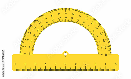  Vector illustration protractor ruler isolated on white background. Realistic protractor in flat style. Measurement and drawing tool. Tilt angle meter.