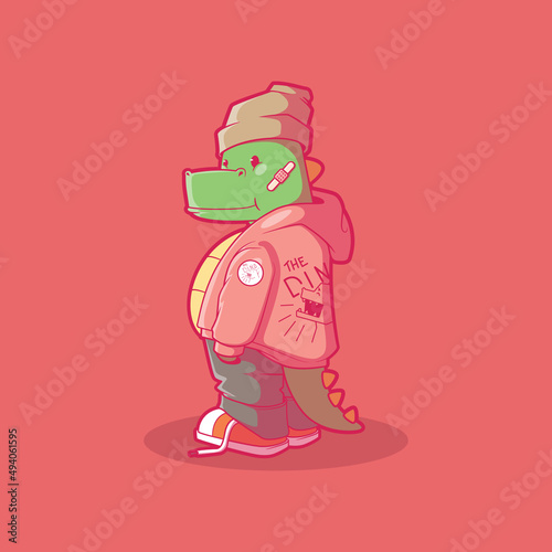 Cool Dino Character vector illustration. Style, clothing, funny design concept.