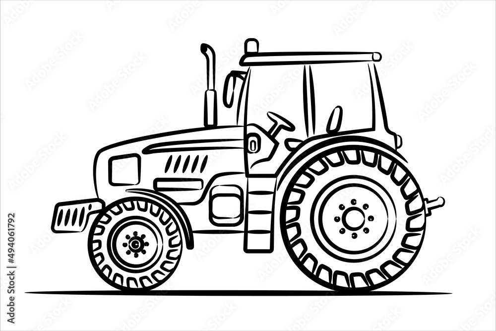 A hand drawn line art of a tractor. Outline agrimotor, side view.  Modern flat raster illustration. Side view of modern farm tractor
