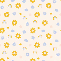 Stickers Bloemenmotief patronen Retro gele smiley bloemen en regenbogen  © Natalia