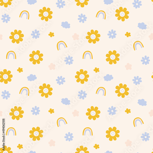 Wallpaper murals Retro yellow smiling flower, cloud, rainbow seamless  pattern. Smiling positive flowers icon texture all over print. -  