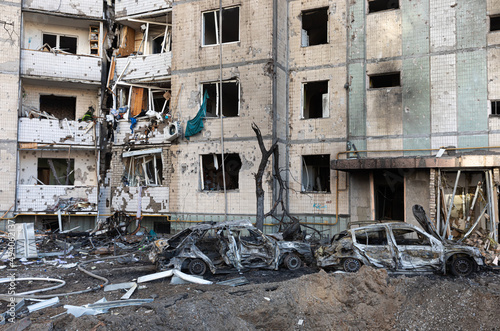 Fototapeta Residential building after Russian rocket attack on Kyiv