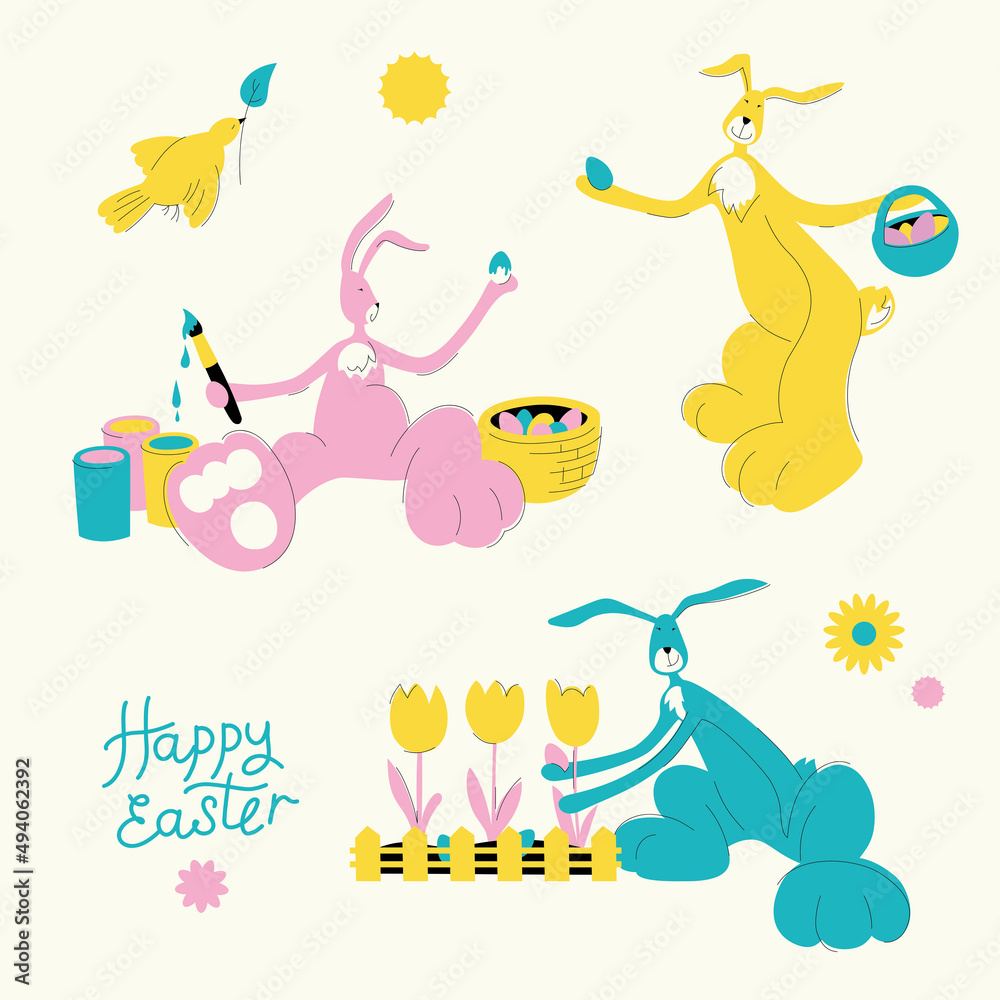 Set of vector illustrations with Easter bunnies