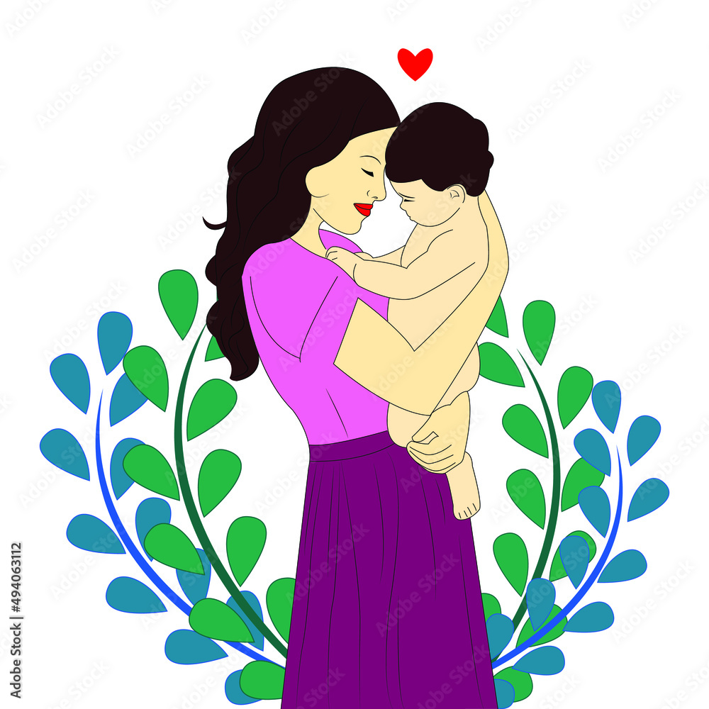 Mom and baby. Mom holds her son in her arms. Mom hugs the child. Vector illustration