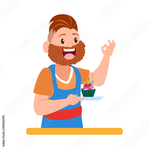 Isolated happy man making a dessert Vector illustration