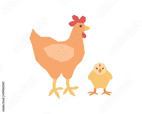 Cute red mama chicken with yellow chick. Vector illustration in flat style.
