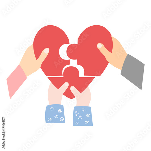Lovely family make up puzzle heart. Loving mom, dad, and child hands holding pieces of heart. Vector illustration, isolated on white
