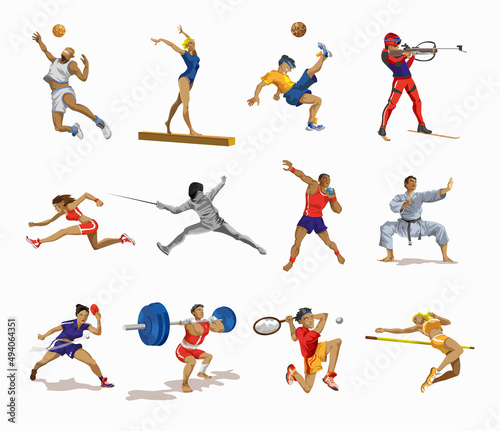 Sport people set. Collection of different sport activity. Professional athlet doing sport. Basketball, football,karate,tennis,sprint,gymnastic,weightlifter . Vector illustration in cartoon style