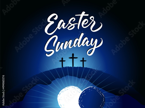 Easter Sunday, tomb and three cross on Calvary. Holy week greeting card with elegant lettering and cave on background. Vector illustration