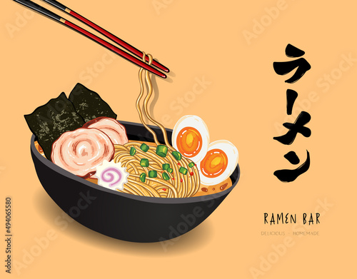 Delicious hand drawn ramen bowl, traditional japanese food with noodles, broth, eggs, seaweed, meet and scallions, great for advertisement, flyers, banners - vector design
