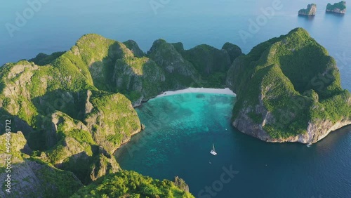 Aerial view of Phi Phi islands Travel Landmark of Krabi Phuket, Thailand. Amazing Drone footage over Maya beach with beautiful blue turquoise seawater. Tourist attraction in summer holidays.