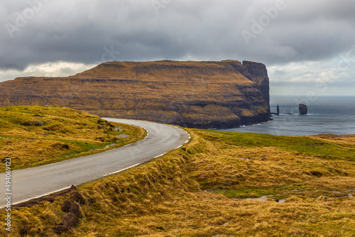 View of the road along the coast on the island of Eysturoy, Eidi, Faroe islands. photo