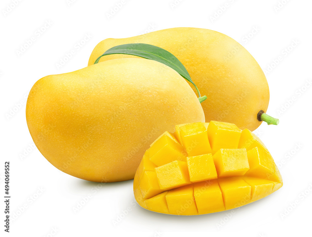 Mango isolated. Ripe yellow mango and sliced mango on a white background.