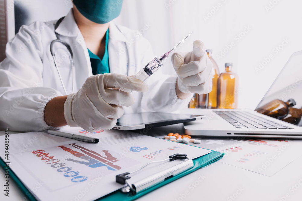 Medicine doctor using tablet with digital medical interface icons, Medical technology and network concept. Medicine doctor using tablet with digital medical interface icons, Medical technology and network concept.