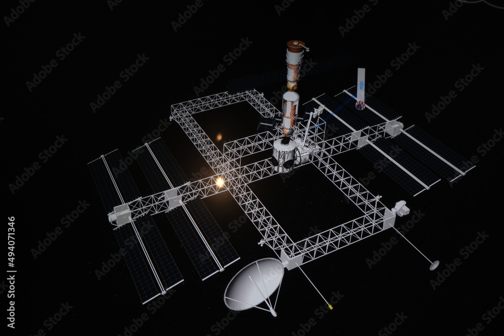 Satellite model, space station. Spaceships above the earth. 