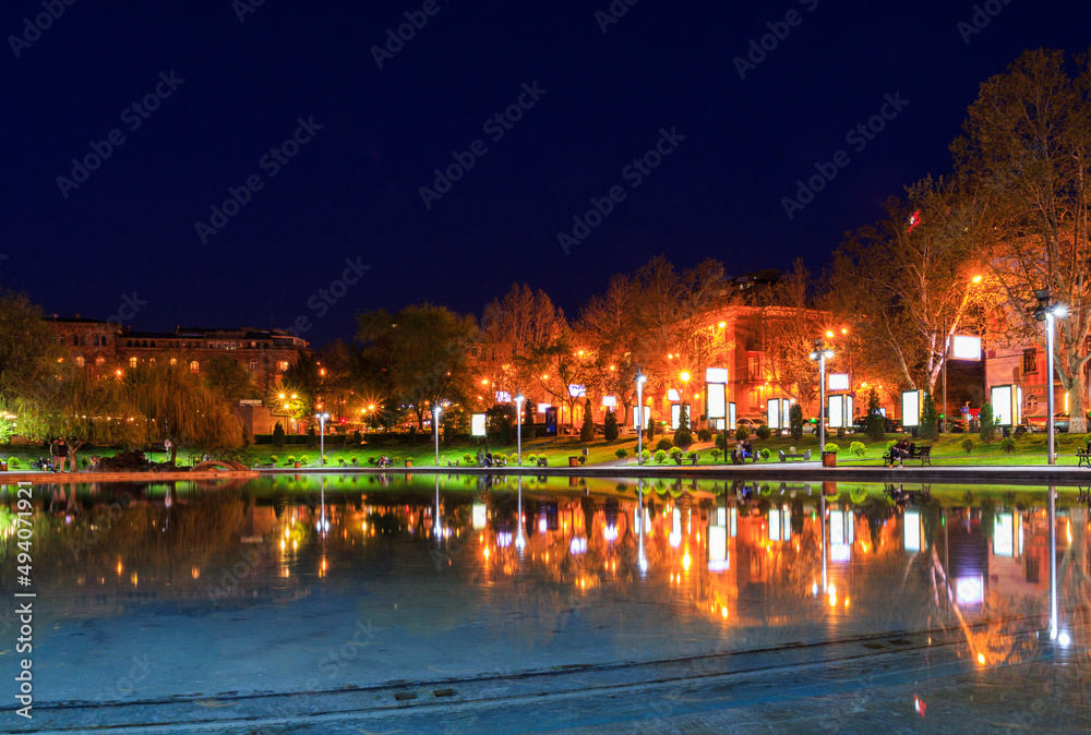 Night view of Swan Lake in Yerevan. Armenia