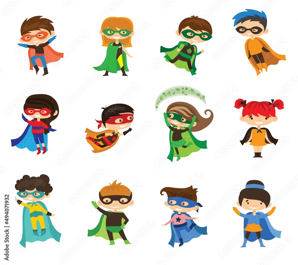 Vector illustrations of female and male kids superheroes in funny comics costume Vector illustrations of female and male kids superheroes in funny comics costume