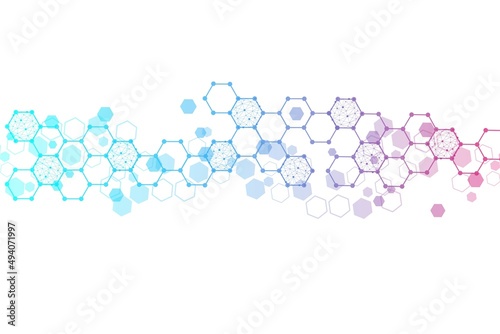Science network pattern, connecting lines and dots. Technology hexagons structure or molecular connect elements.