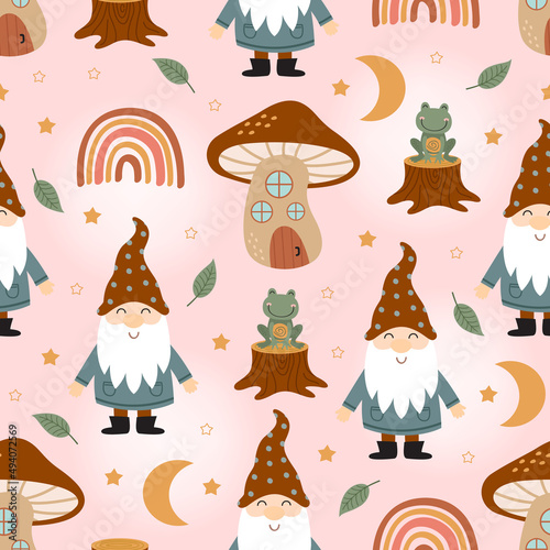 seamless pattern with  gnome, mushroom house, rainbow, frog